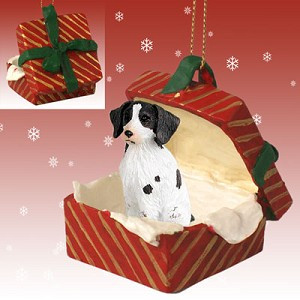 Liver & White Brittany Dog in Red Gift Box Christmas Ornament – Hand-Painted Stone Resin