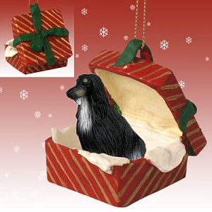 Black & White Afghan Hound Dog in Red Gift Box Christmas Ornament – Hand-Painted Stone Resin