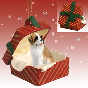 Rough Coat Saint Bernard Dog in Red Gift Box Christmas Ornament – Hand-Painted Stone Resin