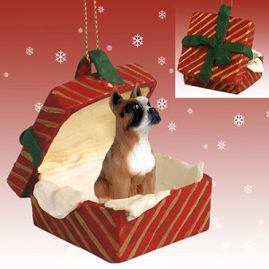 Brown Boxer Dog in Red Gift Box Christmas Ornament – Hand-Painted Stone Resin