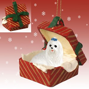 Red Gift Box Maltese Dog in Red Gift Box Christmas Ornament – Hand-Painted Stone Resin
