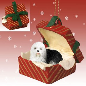 Old English Sheepdog in Red Gift Box Christmas Ornament – Hand-Painted Stone Resin