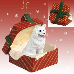 Red Samoyed Dog in Red Gift Box Christmas Ornament – Hand-Painted Stone Resin