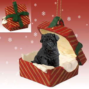 Black Shar Pei Dog in Red Gift Box Christmas Ornament – Hand-Painted Stone Resin