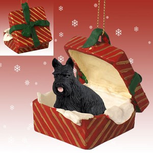 Scottish Terrier Dog in Red Gift Box Christmas Ornament – Hand-Painted Stone Resin