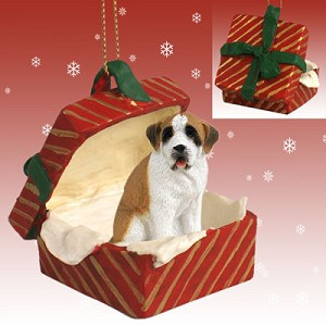 Smooth Coat Saint Bernard Dog in Red Gift Box Christmas Ornament – Hand-Painted Stone Resin