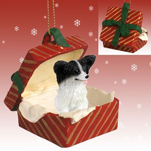 Black & White Papillon Dog in Red Gift Box Christmas Ornament – Hand-Painted Stone Resin
