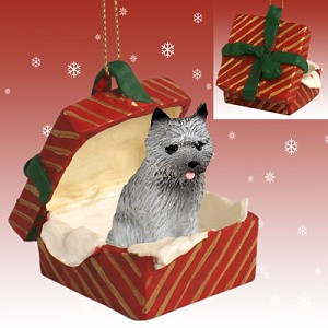 Gray Cairn Terrier Dog in Red Gift Box Christmas Ornament – Hand-Painted Stone Resin