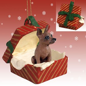Red & Brown Miniature Pinscher Dog in Red Gift Box Christmas Ornament – Hand-Painted Stone Resin