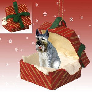 Gray Giant Schnauzer Dog in Red Gift Box Christmas Ornament – Hand-Painted Stone Resin