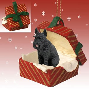 Black Giant Schnauzer Dog in Red Gift Box Christmas Ornament – Hand-Painted Stone Resin