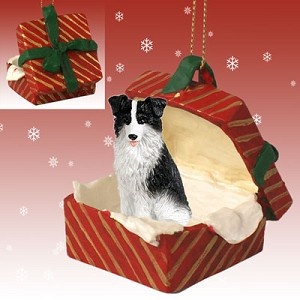 Red Border Collie Dog in Red Gift Box Christmas Ornament – Hand-Painted Stone Resin