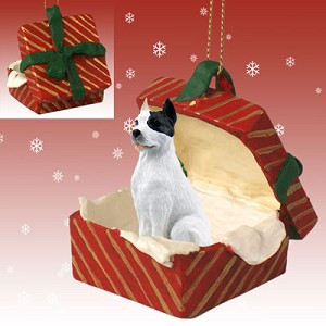 White Pit Bull Terrier Dog in Red Gift Box Christmas Ornament – Hand-Painted Stone Resin