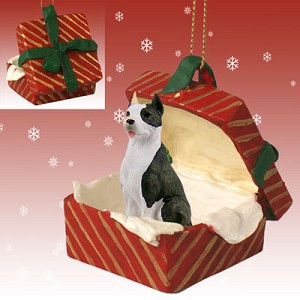 Brindle Pit Bull Terrier Dog in Red Gift Box Christmas Ornament – Hand-Painted Stone Resin