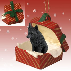 Schipperke Dog in Red Gift Box Christmas Ornament – Hand-Painted Stone Resin