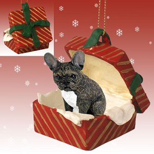 French Bulldog in Red Gift Box Christmas Ornament – Hand-Painted Stone Resin