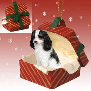 Black & White Cavalier King Charles Spaniel Dog in Red Gift Box Christmas Ornament