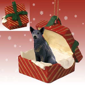 Blue Australian Cattle Dog in Red Gift Box Christmas Ornament – Hand-Painted Stone Resin