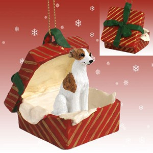 Brindle & White Whippet Dog in Red Gift Box Christmas Ornament – Hand-Painted Stone Resin