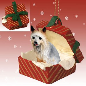 Silky Terrier Dog in Red Gift Box Christmas Ornament – Hand-Painted Stone Resin