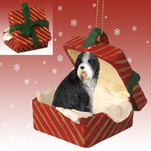 Bearded Collie Dog in Red Gift Box Christmas Ornament – Hand-Painted Stone Resin