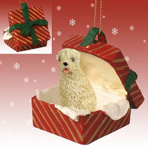 Soft Coated Wheaten Terrier Dog in Red Gift Box Christmas Ornament – Hand-Painted Stone Resin