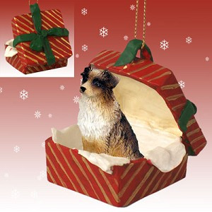 Brown Australian Shepherd Dog in Red Gift Box Christmas Ornament – Hand-Painted Stone Resin
