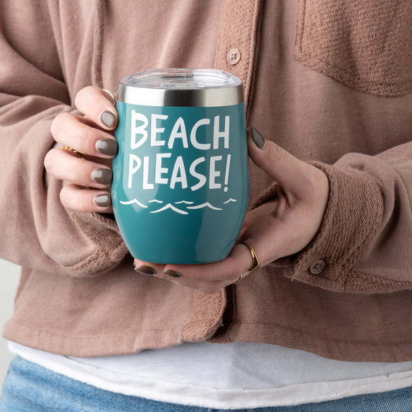 Stainless Steel Wine Tumbler Thermos - Beach Please - 12 Oz - Blue from Primitives by Kathy