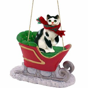 Black & White Shorthaired Tabby Cat in Sleigh Christmas Ornament – Hand-Painted Stone Resin