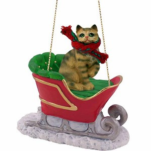 Brown Shorthaired Tabby Cat in Sleigh Christmas Ornament – Hand-Painted Stone Resin