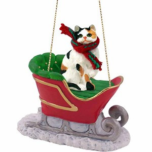 Calico Shorthaired Cat in Sleigh Christmas Ornament – Hand-Painted Stone Resin