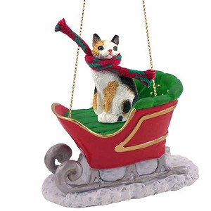 Tortoise & White Japanese Bobtail Cat in Sleigh Christmas Ornament – Hand-Painted Stone Resin