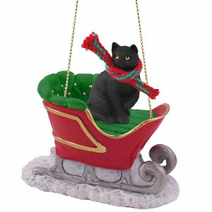 Black Shorthaired Tabby Cat in Sleigh Christmas Ornament – Hand-Painted Stone Resin