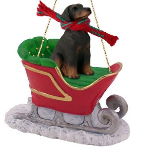 Red Uncropped Ears Doberman Pinscher Dog in Sleigh Christmas Ornament