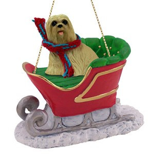 Blonde Lhasa Apso Dog in Sleigh Christmas Tree Ornament