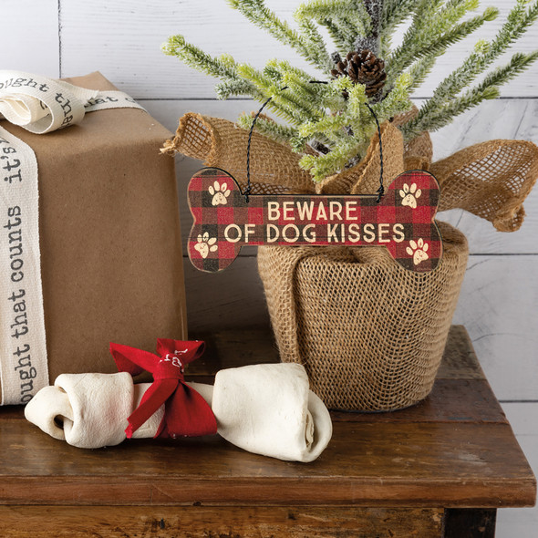 Rustic Bone Shaped Wooden Hanging Christmas Ornament - Beware Of Dog Kisses 6 Inch - Red & Black Pawprint Plaid from Primitives by Kathy