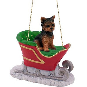 Puppy Cut Yorkshire Terrier Dog in Sleigh Christmas Ornament