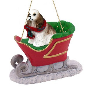 Brown & White Cocker Spaniel Dog in Sleigh Christmas Ornament