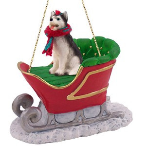 Black & White Blue Eyes Husky Dog in Sleigh Christmas Ornament