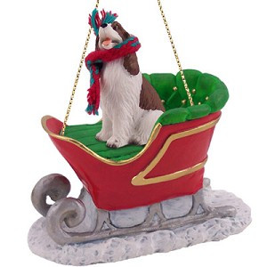Liver & White Springer Spaniel Dog in Sleigh Christmas Ornament