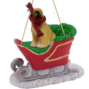 Tan & White Afghan Hound Dog in Sleigh Christmas Ornament