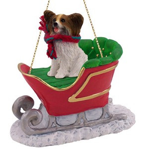 Brown & White Papillon Dog in Sleigh Christmas Ornament