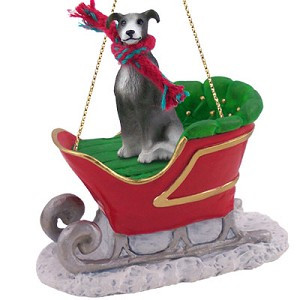 Blue White Greyhound Dog in Sleigh Christmas Tree Ornament