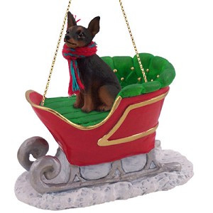 Tan & Black Miniature Pinscher Dog in Sleigh Christmas Ornament