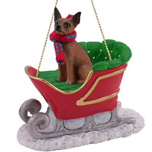 Red & Brown Miniature Pinscher Dog in Sleigh Christmas Ornament