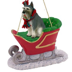Gray Giant Schnauzer Dog in Sleigh Christmas Tree Ornament