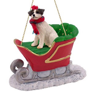 Brown & White Rough Coat Jack Russell Terrier Dog in Sleigh Christmas Ornament