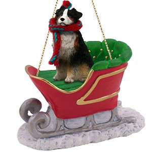 Tricolor with Docked Tail Australian Shepherd Dog in Sleigh Christmas Ornament