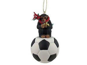 Soccer Chimpanzee on Soccer Ball Christmas Ornament – Hand-Painted Stone Resin