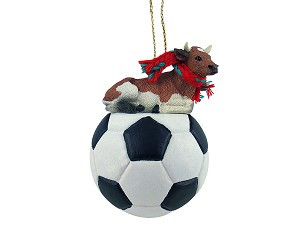 Brown and white Guernsey Bull on Soccer Ball Christmas Ornament – Hand-Painted Stone Resin